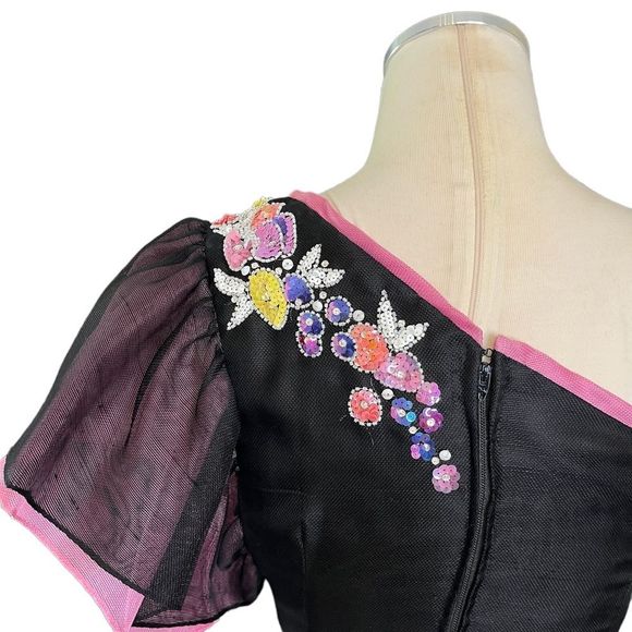 RARE Vintage Bob MACKIE One Shoulder Floral Beaded Tulip Drs 4/6 - Picture 13 of 16